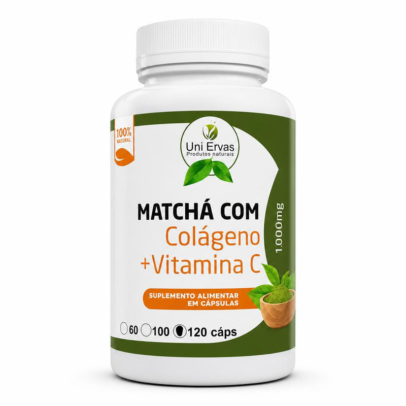 Frasco de Matcha con Colágeno y Vitamina C de Uni Ervas, 120 cápsulas