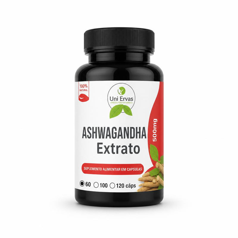 Frasco de Ashwagandha Extracto 500 mg de Uni Ervas, 60 cápsulas