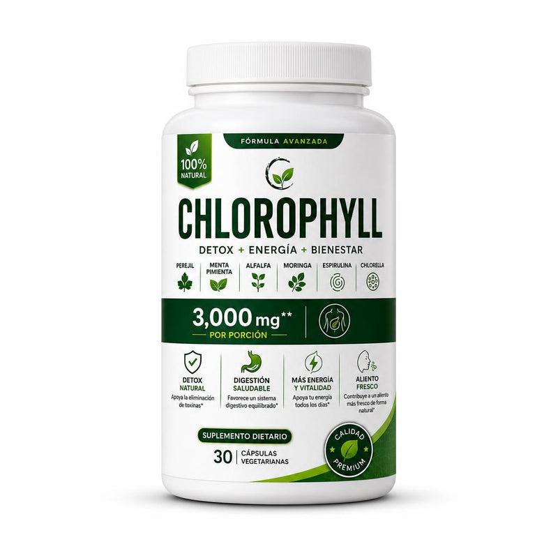 Frasco de Chlorophyll con seis vegetales verdes, 30 cápsulas vegetarianas